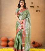 Trendmalls Trendmalls Greenred tissue cotton handloom saree with unstitched blouse piece