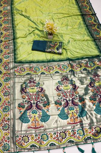 Parrot green silk blend saree with paithani weaved pallu and blouse
