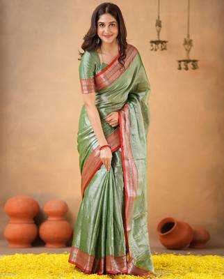 Greenred tissue cotton handloom saree with unstitched blouse piece 2