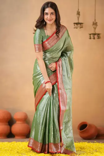 Trendmalls Trendmalls Greenred tissue cotton handloom saree with unstitched blouse piece