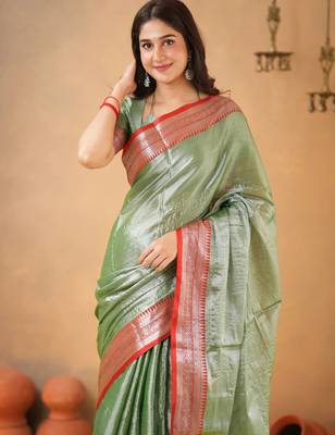 Greenred tissue cotton handloom saree with unstitched blouse piece 3