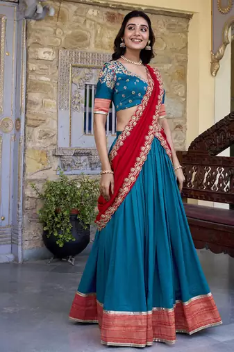teal Zari Weaving Vichitra Silk Lehenga Choli
