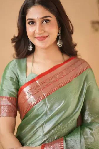 Trendmalls Trendmalls Greenred tissue cotton handloom saree with unstitched blouse piece