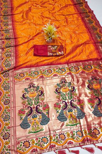 Orange silk blend saree with paithani weaved pallu and blouse