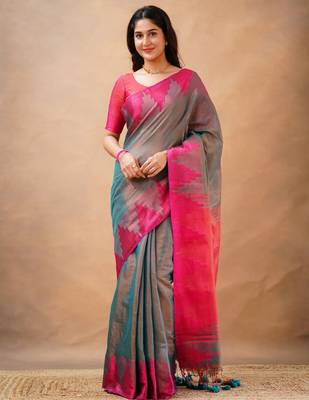 Trendmalls Trendmalls Grey tissue cotton handloom saree with unstitched blouse piece 1
