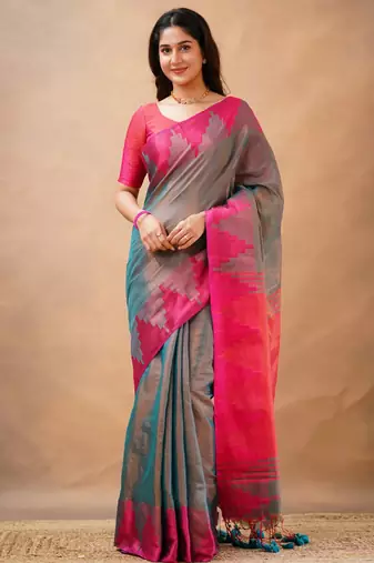 Trendmalls Grey tissue cotton handloom saree with unstitched blouse piece