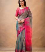 Trendmalls Grey tissue cotton handloom saree with unstitched blouse piece