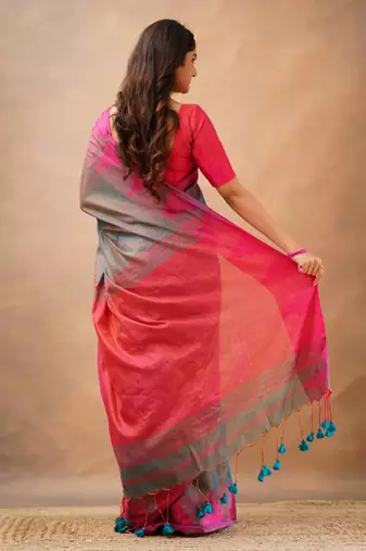 Trendmalls Trendmalls Grey tissue cotton handloom saree with unstitched blouse piece