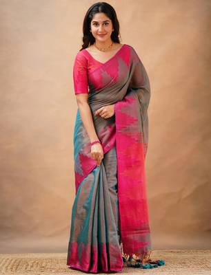 Trendmalls Trendmalls Grey tissue cotton handloom saree with unstitched blouse piece 3