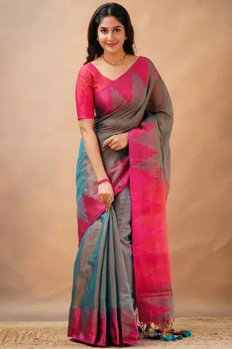 Trendmalls Trendmalls Grey tissue cotton handloom saree with unstitched blouse piece