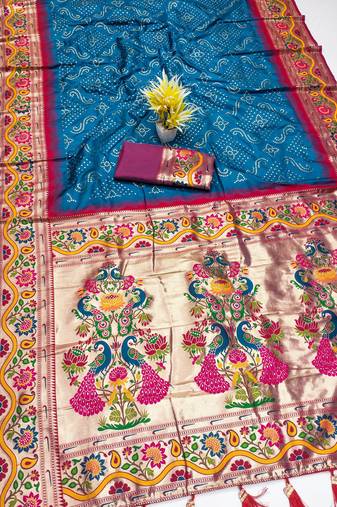 Teal blue silk blend saree with paithani weaved pallu and blouse
