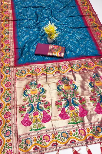 Teal blue silk blend saree with paithani weaved pallu and blouse