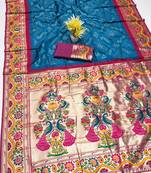 Teal blue silk blend saree with paithani weaved pallu and blouse