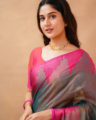 Trendmalls Trendmalls Grey tissue cotton handloom saree with unstitched blouse piece 5