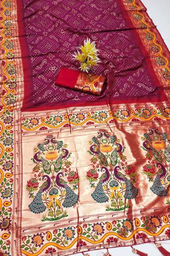 Wine silk blend saree with paithani weaved pallu and blouse