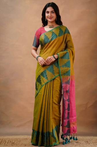 Trendmalls Olivegreen tissue cotton handloom saree with unstitched blouse piece