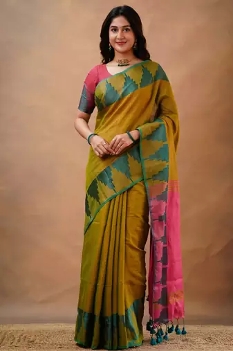 Trendmalls Olivegreen tissue cotton handloom saree with unstitched blouse piece