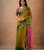 Trendmalls Trendmalls Olivegreen tissue cotton handloom saree with unstitched blouse piece