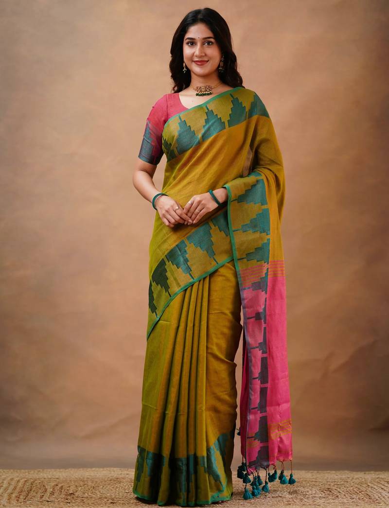 Olivegreen tissue cotton handloom saree with unstitched blouse piece