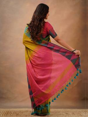 Olivegreen tissue cotton handloom saree with unstitched blouse piece 2
