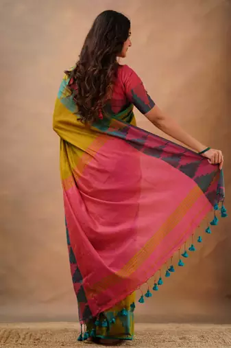 Olivegreen tissue cotton handloom saree with unstitched blouse piece