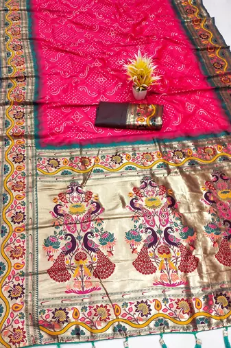 Pink silk blend saree with paithani weaved pallu and blouse