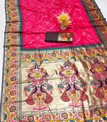 Pink silk blend saree with paithani weaved pallu and blouse