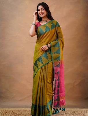 Olivegreen tissue cotton handloom saree with unstitched blouse piece 3