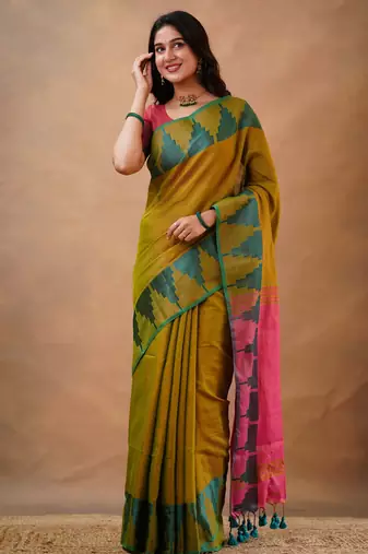 Olivegreen tissue cotton handloom saree with unstitched blouse piece