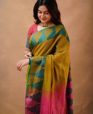 Olivegreen tissue cotton handloom saree with unstitched blouse piece 4