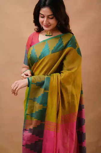Olivegreen tissue cotton handloom saree with unstitched blouse piece