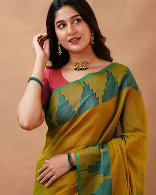 Olivegreen tissue cotton handloom saree with unstitched blouse piece 5