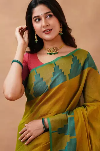 Olivegreen tissue cotton handloom saree with unstitched blouse piece