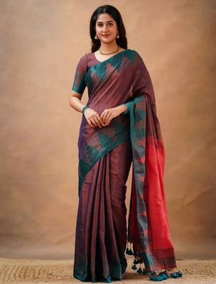 Trendmalls Trendmalls Purple tissue cotton handloom saree with unstitched blouse piece 1