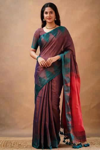 Trendmalls Purple tissue cotton handloom saree with unstitched blouse piece