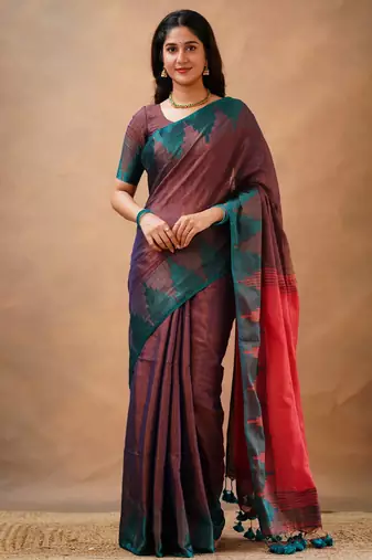 Trendmalls Purple tissue cotton handloom saree with unstitched blouse piece