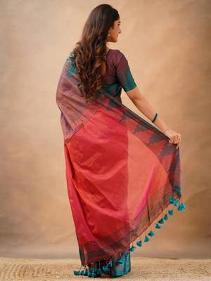 Trendmalls Trendmalls Purple tissue cotton handloom saree with unstitched blouse piece 2