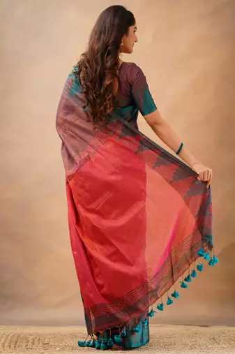Trendmalls Trendmalls Purple tissue cotton handloom saree with unstitched blouse piece