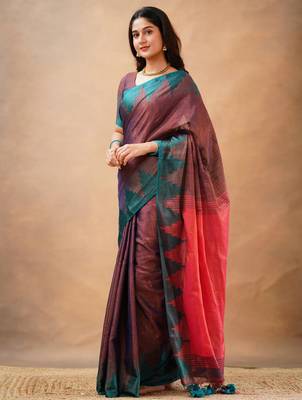 Trendmalls Trendmalls Purple tissue cotton handloom saree with unstitched blouse piece 3