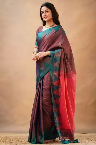 Trendmalls Trendmalls Purple tissue cotton handloom saree with unstitched blouse piece