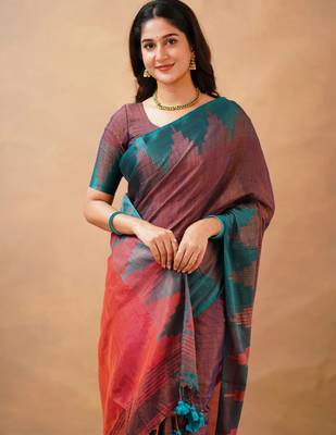 Trendmalls Trendmalls Purple tissue cotton handloom saree with unstitched blouse piece 4
