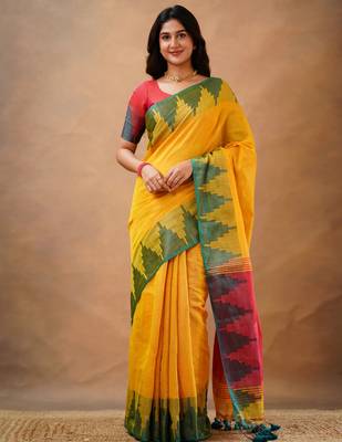 Yellow tissue cotton handloom saree with unstitched blouse piece 1
