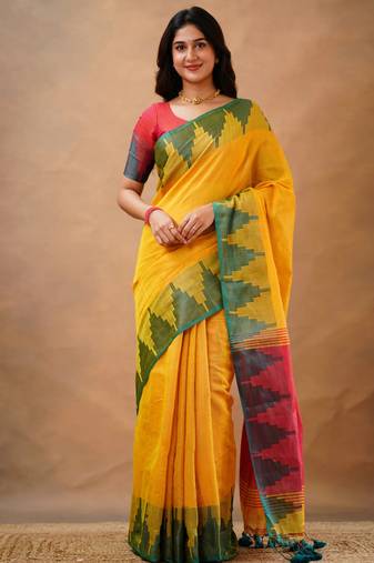 Trendmalls Yellow tissue cotton handloom saree with unstitched blouse piece