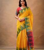 Trendmalls Trendmalls Yellow tissue cotton handloom saree with unstitched blouse piece