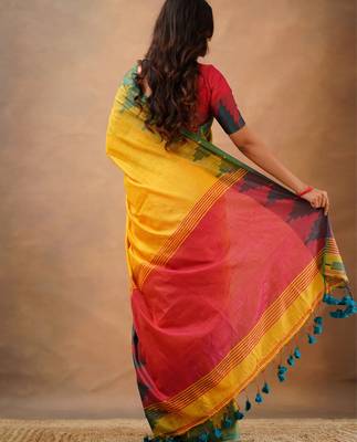 Yellow tissue cotton handloom saree with unstitched blouse piece 2