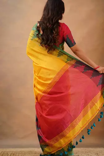 Yellow tissue cotton handloom saree with unstitched blouse piece
