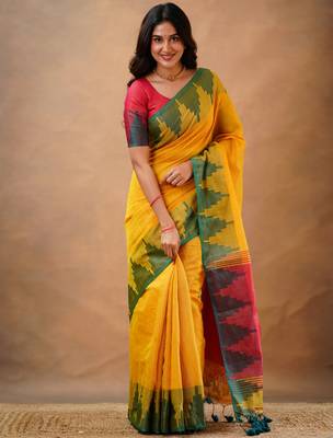 Yellow tissue cotton handloom saree with unstitched blouse piece 3
