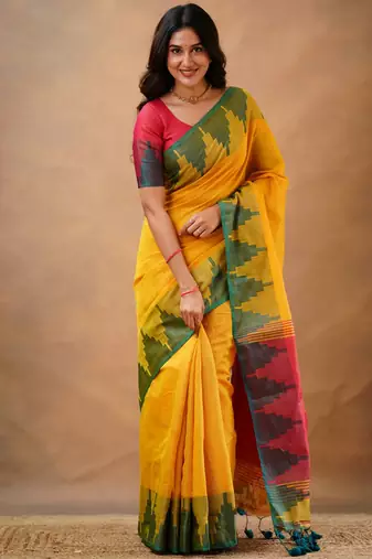 Yellow tissue cotton handloom saree with unstitched blouse piece