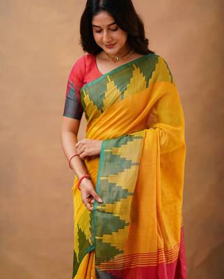 Yellow tissue cotton handloom saree with unstitched blouse piece 4