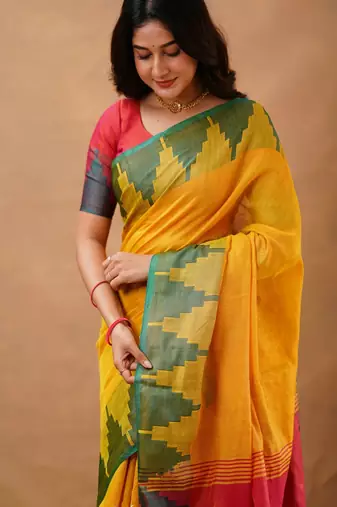 Yellow tissue cotton handloom saree with unstitched blouse piece